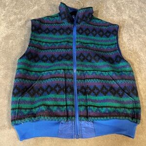 Vintage Reversible Fleece Vest Blue Tribal Pattern Fits Large